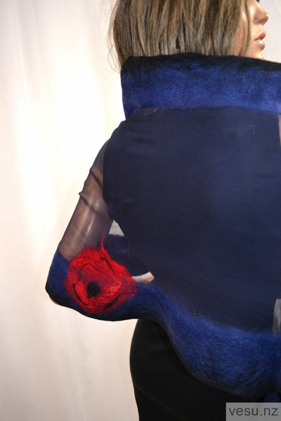 Dark blue and red, silk shawl with merino wool 4348