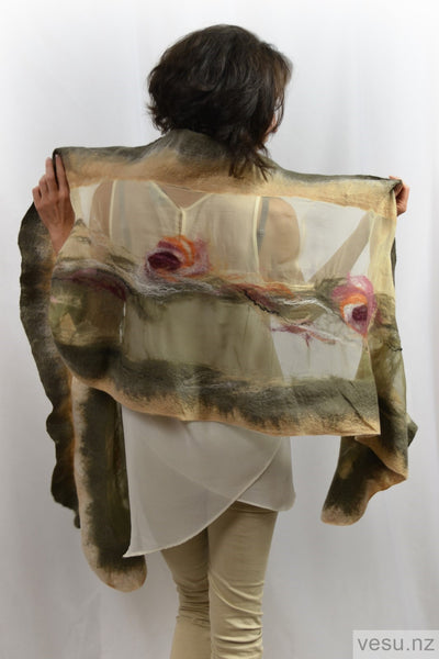 Large nuno felted shawl khaki and beige 4363