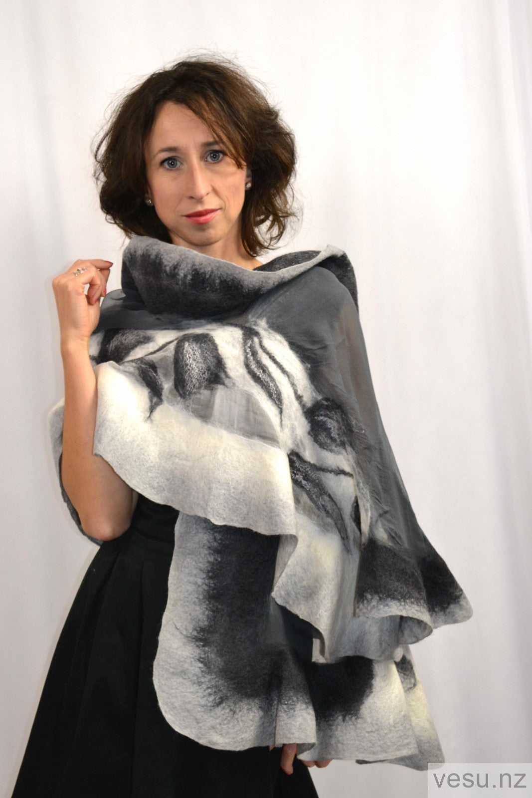 green emerald velvet dress Large shawl for the evening dress, handmade, graphite with white – VESU