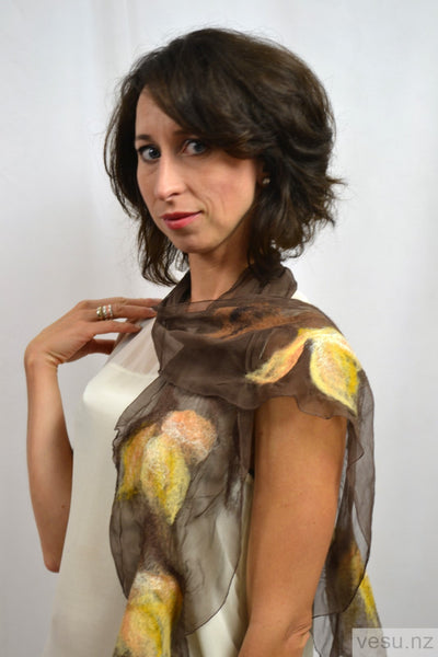 Brown with yellow silk scarf with merino wool 4383