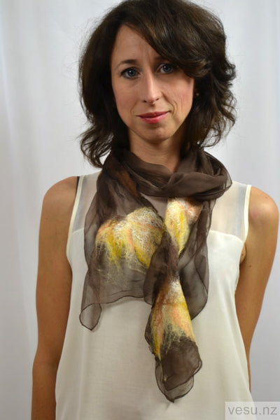 Brown with yellow silk scarf with merino wool 4383