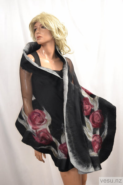 Silk shawl pink roses, silk and merino wool 4392