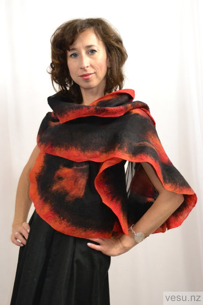 Red with ginger and black silk shawl with merino 4396