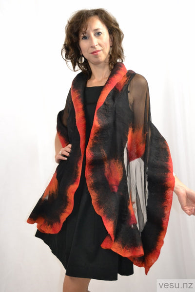 Red with ginger and black silk shawl with merino 4396