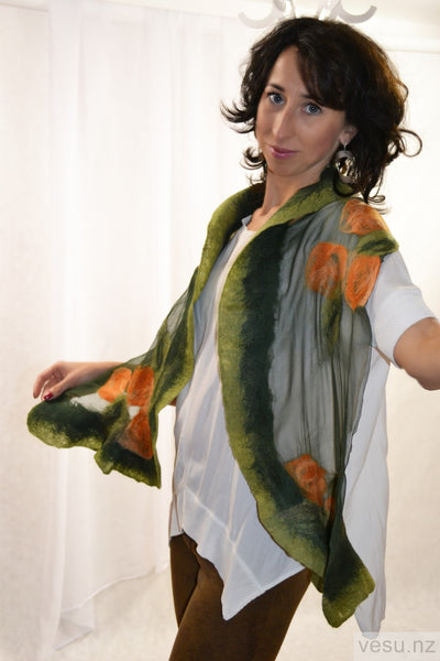 Green silk scarf with orange 4402