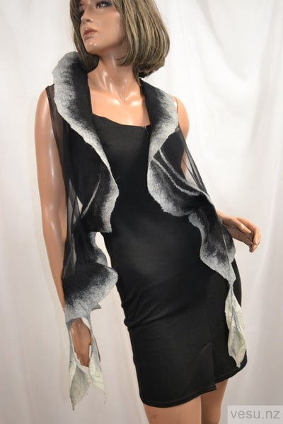 Black and gray scarf with silk and merino wool 4406