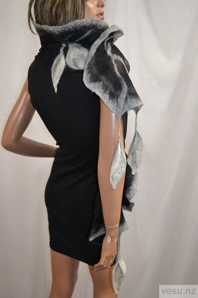 Black and gray scarf with silk and merino wool 4406