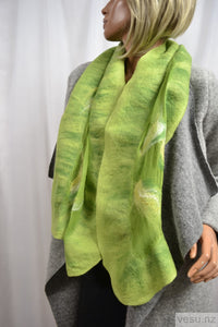 Green silk scarf merino wool felting