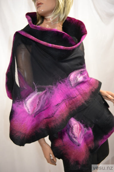 Black magenta - Unique silk shawl with merino wool 4416