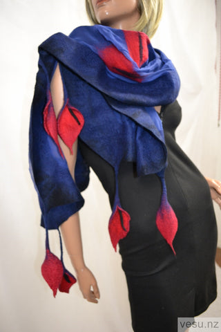 Red calla on blue silk. Unique shawl 4487