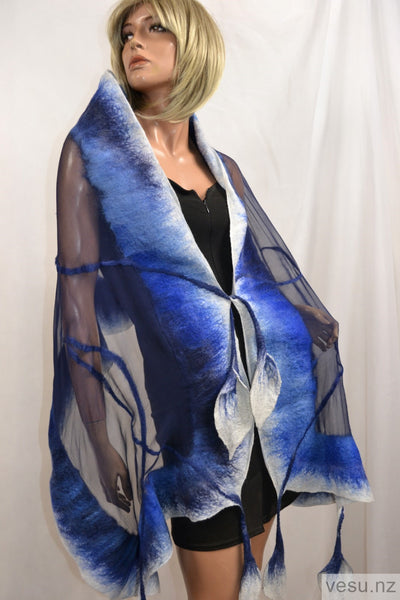 SIlk shawl light gray and blue merino wool 4530
