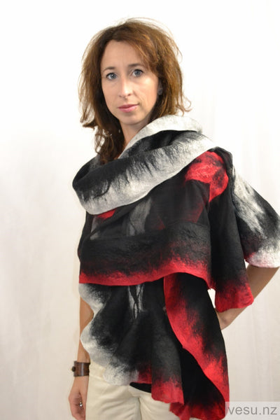 Handmade silk shawl black, gray, red 4539