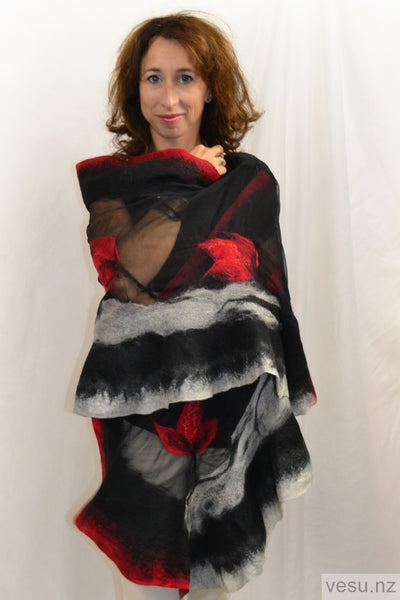 Handmade silk shawl black, gray, red 4539