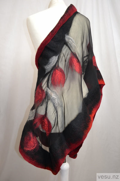 Unique silk shawl creation black and red 4556