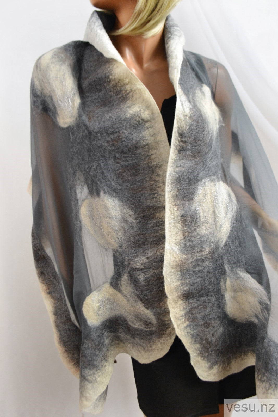 Gray silk shawl, handmade merino wool