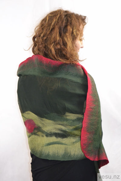 Green with red shades, silk shawl wit merino wool 4596