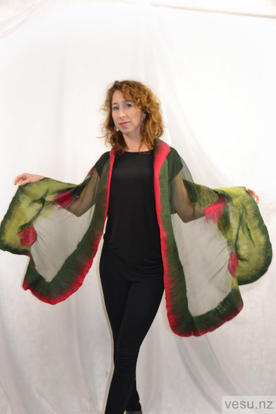 Green with red shades, silk shawl wit merino wool 4596