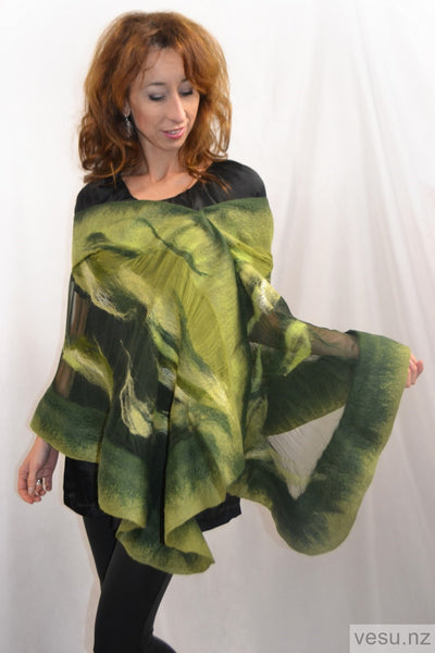 Green shawl, felted merino wool on silk 4598
