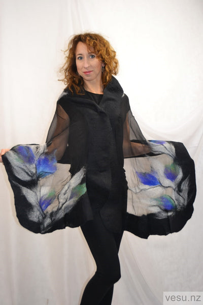 Black shawl, felted merino wool on natural silk 4599