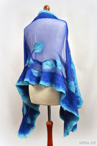 Turquoise flowers on blue silk, felted merino wool
