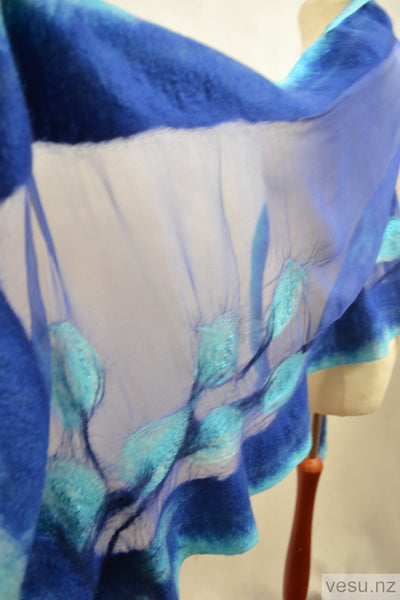 Blue turquoises, unique silk shawl with merino wool 4604
