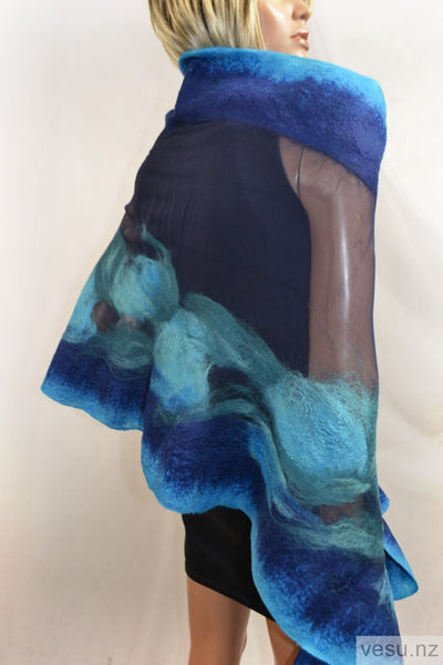 Blue nuno felt large shawl with merino wool 4616
