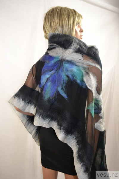Nuno felt large shawl with merino wool black and gray 4617