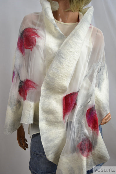 Red tulip on white silk, unique shawl 4620