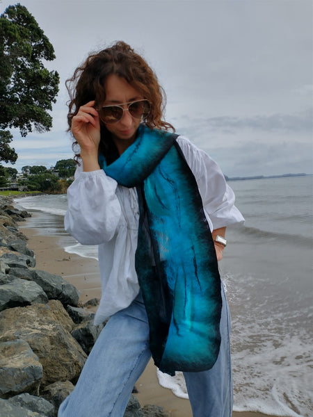 Green stone jade in turquoise ocean  scarf, amazing accent in wardrobe. Wear with cobalt blue, black, white t-shirt, coat, jacket or dress. 4636