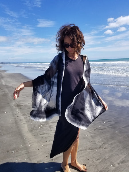 Women's Elegant Black and white nunofelted silk shawl with merino wool, handmade in New Zealand, unique to dress, perfect gift for her