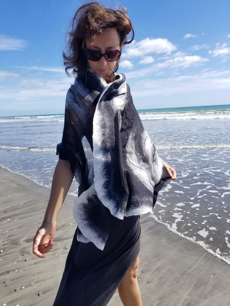 Women's Elegant Black and white nunofelted silk shawl with merino wool, handmade in New Zealand, unique to dress, perfect gift for her