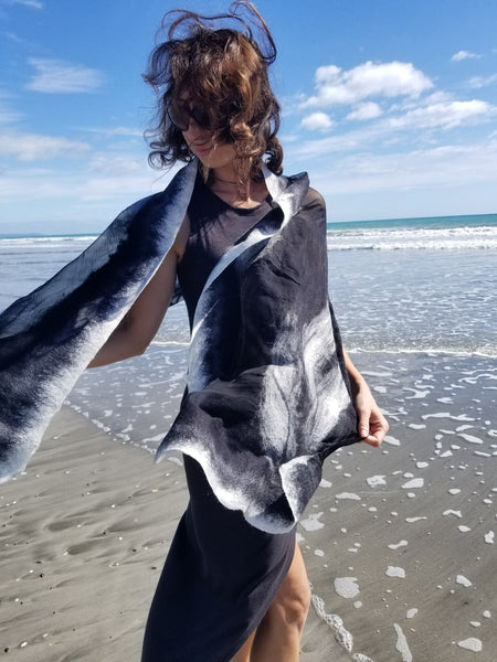 Women's Elegant Black and white nunofelted silk shawl with merino wool, handmade in New Zealand, unique to dress, perfect gift for her