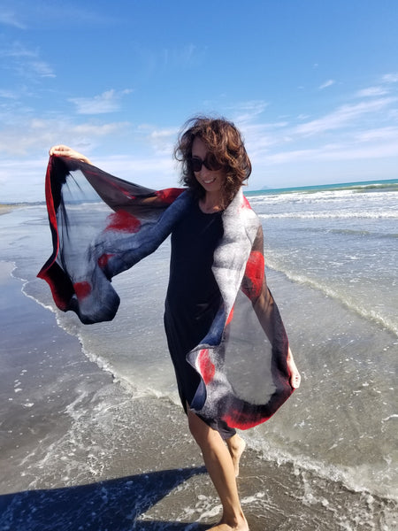 Amazing handmade silk & merino shawl, Australian wool, nunofelted, black, red, gray, perfect women gift, like a dress or vest, versatile,