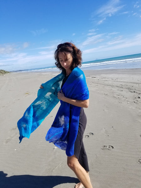 Unique nunofelted silk shawl with merino wool turquoise and blue, natural silk handmade in New Zealand