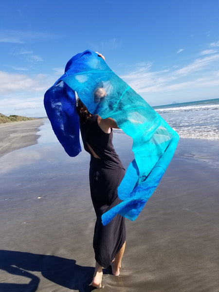Unique nunofelted silk shawl with merino wool turquoise and blue, natural silk handmade in New Zealand