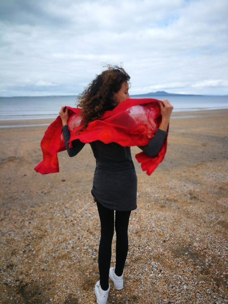 Red flowers shawl, scarf, cape, bolero, nuno felted on natural silk with merino wool, handmade in New Zealand