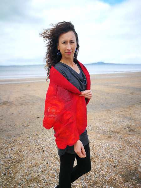 Red flowers shawl, scarf, cape, bolero, nuno felted on natural silk with merino wool, handmade in New Zealand
