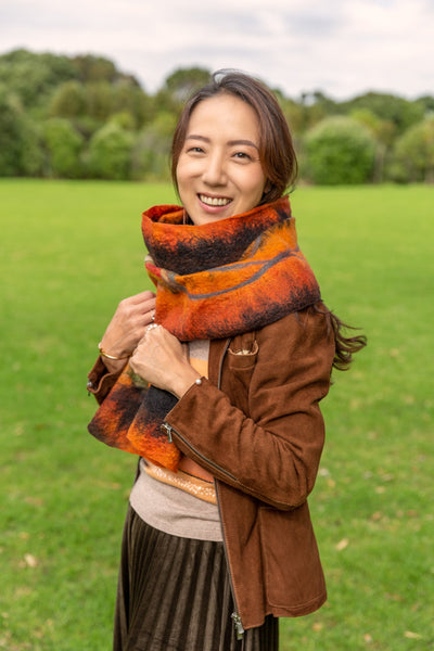 Black, Orange Merino and Silk Shawl, Autumn Handcrafted Wrap