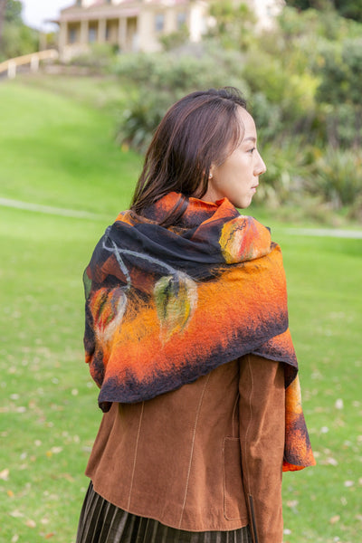 Black, Orange Merino and Silk Shawl, Autumn Handcrafted Wrap