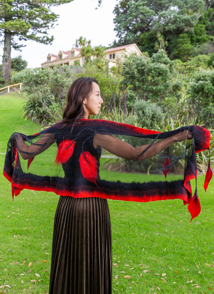 Red hangling flower, nuno felting shawl merino wool and silk.