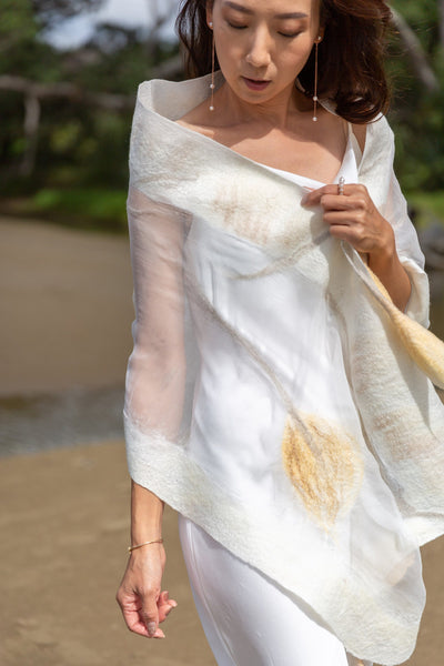 Unique wedding shawl, cape, bolero natural silk and merino wool, wearable art handmade in New Zealand, Perfect to weeding dress