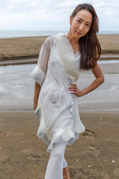 A unique bridal cape - exclusive handmade shawl from natural silk and merino wool designed in New Zealand, wearable art very versatile wrap