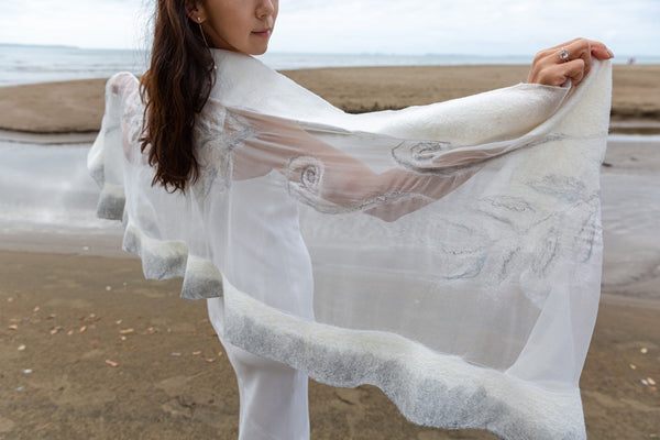 A unique bridal cape - exclusive handmade shawl from natural silk and merino wool designed in New Zealand, wearable art very versatile wrap