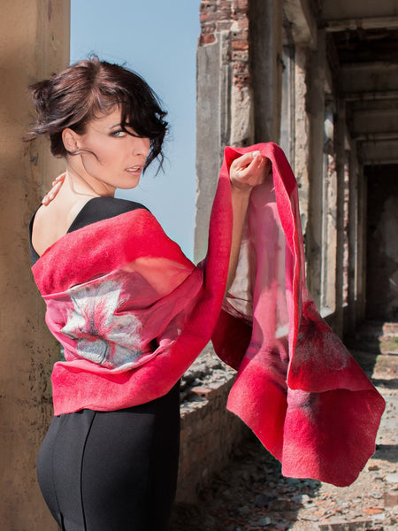 Luxury Silk & Merino Wool Shawl – Artistic Wrap with Pink Accents, Evening Outfit, Wedding Guest Stole, Unique Handmade Gift