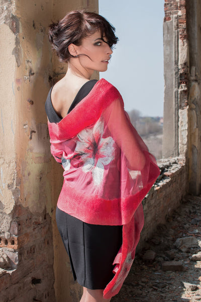 Luxury Silk & Merino Wool Shawl – Artistic Wrap with Pink Accents, Evening Outfit, Wedding Guest Stole, Unique Handmade Gift