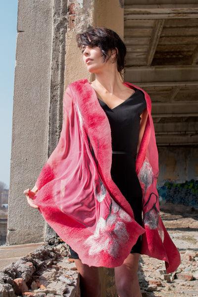 Luxury Silk & Merino Wool Shawl – Artistic Wrap with Pink Accents, Evening Outfit, Wedding Guest Stole, Unique Handmade Gift