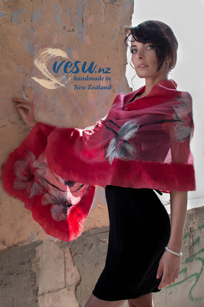 Luxury Silk & Merino Wool Shawl – Artistic Wrap with Pink Accents, Evening Outfit, Wedding Guest Stole, Unique Handmade Gift