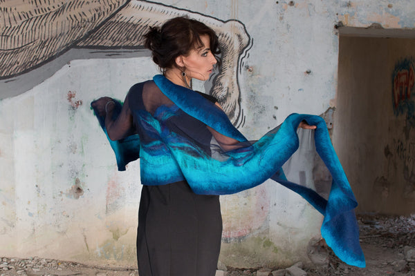 Ocean blue Felted Wrap, Nuno Felted Shawl, Nuno Scarf, Wedding/Bridal Accessories, handmade in New Zealand, wearable art, suits to dress