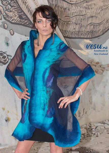 silk and wool shawl, turquoise and dark blue cape with sheer silk.