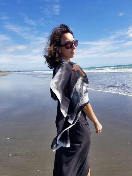 Women's Elegant Black and white nunofelted silk shawl with merino wool, handmade in New Zealand, unique to dress, perfect gift for her